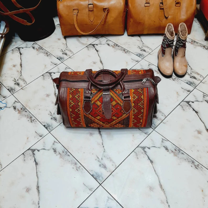 Leather and Vintage Kilim Duffle - Limited Edition! leather duffle, kilim bag, women duffle, weekender, overnight bag