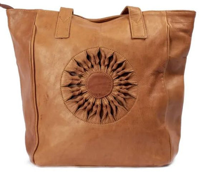 Bohemian Leather Tote Bag - Embossed Sun Design with Fringe Detail