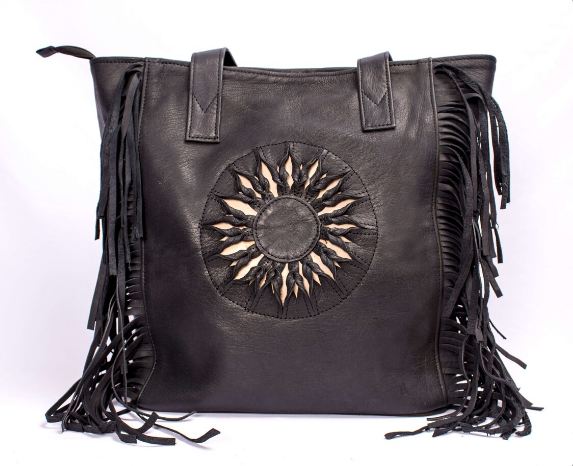 Bohemian Leather Tote Bag - Embossed Sun Design with Fringe Detail