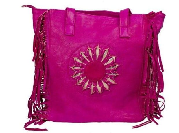 Bohemian Leather Tote Bag - Embossed Sun Design with Fringe Detail