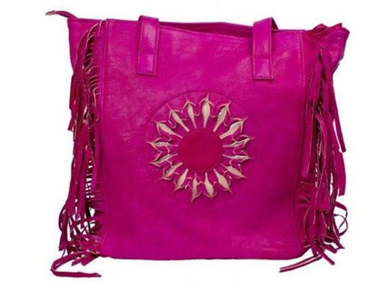 Bohemian Leather Tote Bag - Embossed Sun Design with Fringe Detail