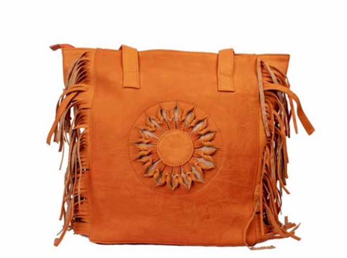 Bohemian Leather Tote Bag - Embossed Sun Design with Fringe Detail