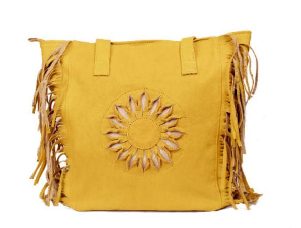 Bohemian Leather Tote Bag - Embossed Sun Design with Fringe Detail