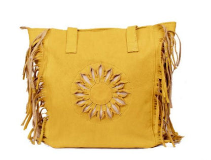 Bohemian Leather Tote Bag - Embossed Sun Design with Fringe Detail