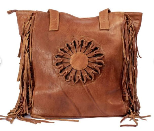 Bohemian Leather Tote Bag - Embossed Sun Design with Fringe Detail