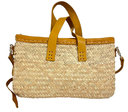 Handwoven Straw Tote Bag with Leather Handles & Crossbody Strap