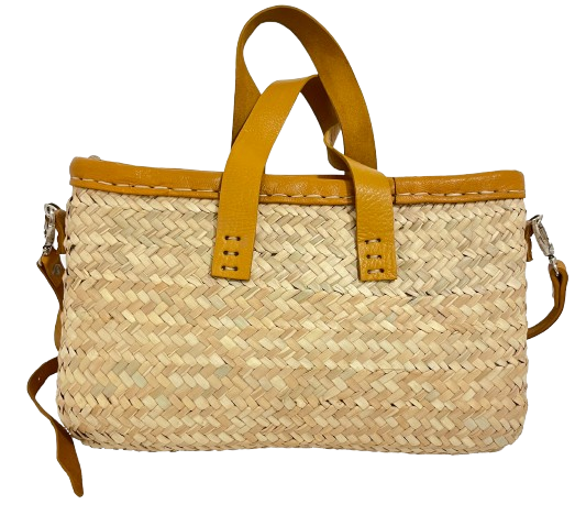 Handwoven Straw Tote Bag with Leather Handles & Crossbody Strap