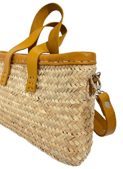 Handwoven Straw Tote Bag with Leather Handles & Crossbody Strap