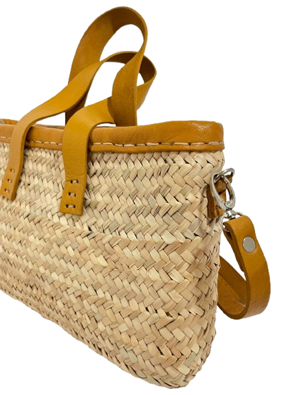 Handwoven Straw Tote Bag with Leather Handles & Crossbody Strap