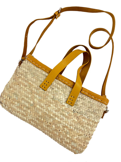 Handwoven Straw Tote Bag with Leather Handles & Crossbody Strap