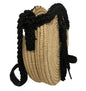 Handwoven Round Straw Crossbody Bag with Black Braided Strap & Tassel