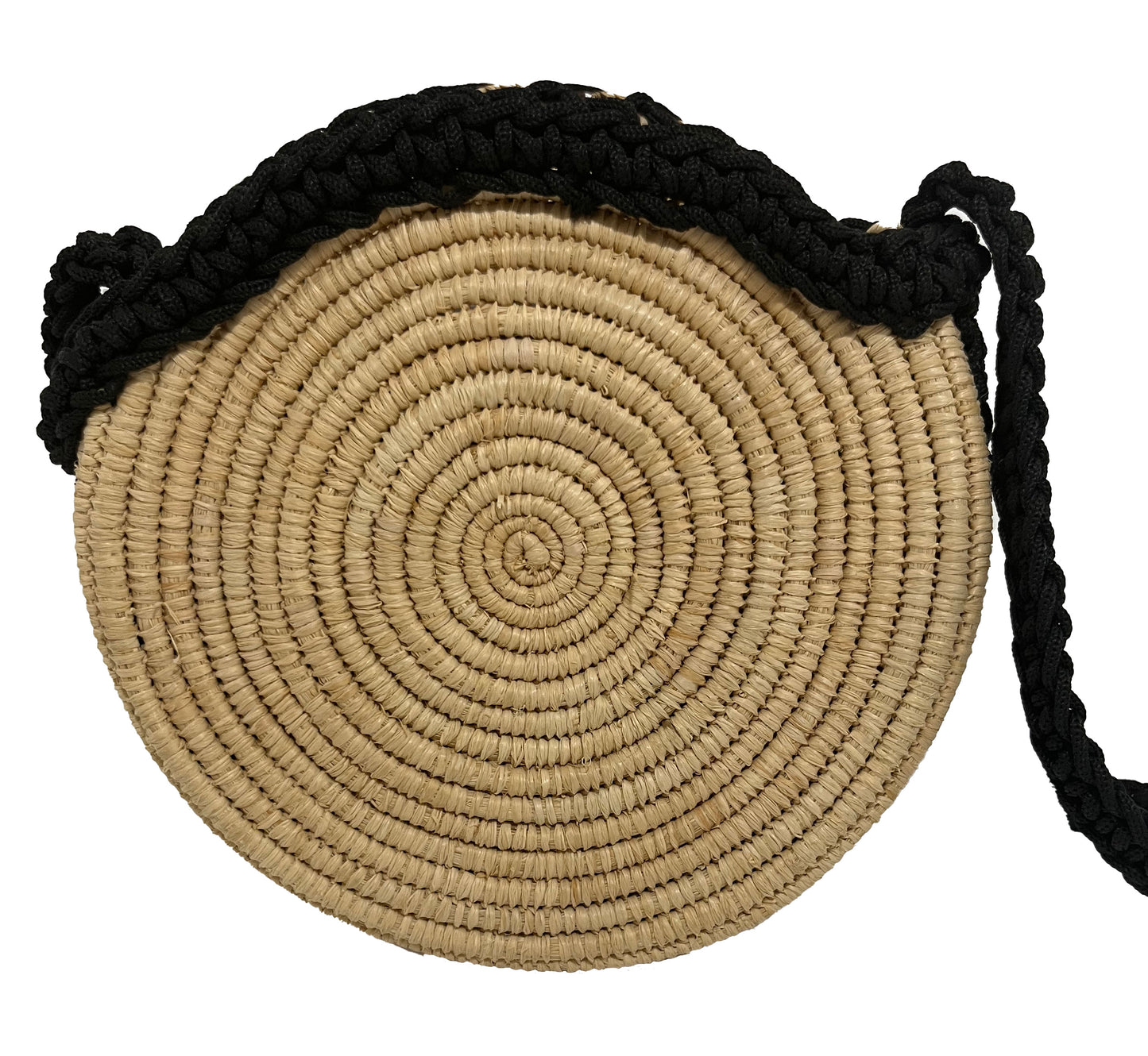 Handwoven Round Straw Crossbody Bag with Black Braided Strap & Tassel