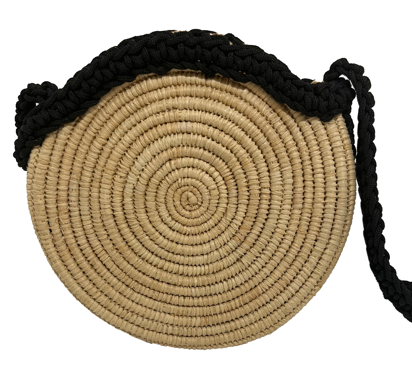 Handwoven Round Straw Crossbody Bag with Black Braided Strap & Tassel