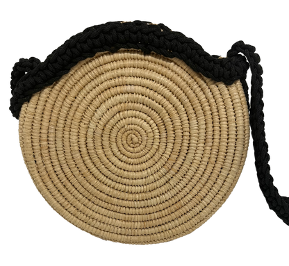 Handwoven Round Straw Crossbody Bag with Black Braided Strap & Tassel