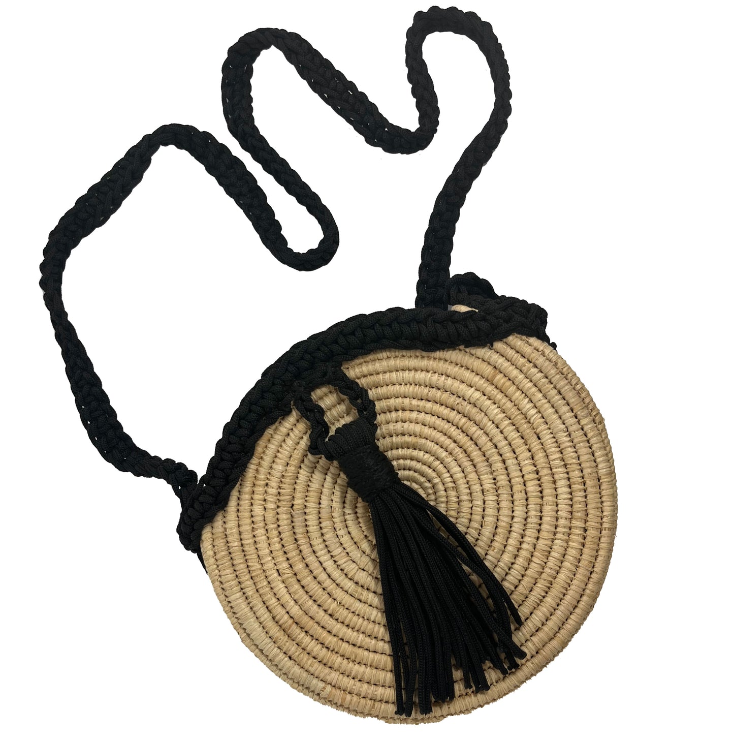 Handwoven Round Straw Crossbody Bag with Black Braided Strap & Tassel