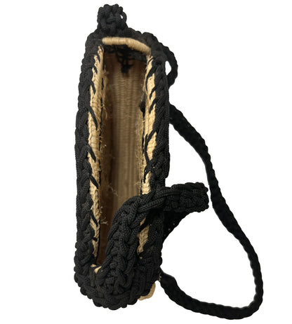 Handwoven Round Straw Crossbody Bag with Black Braided Strap & Tassel