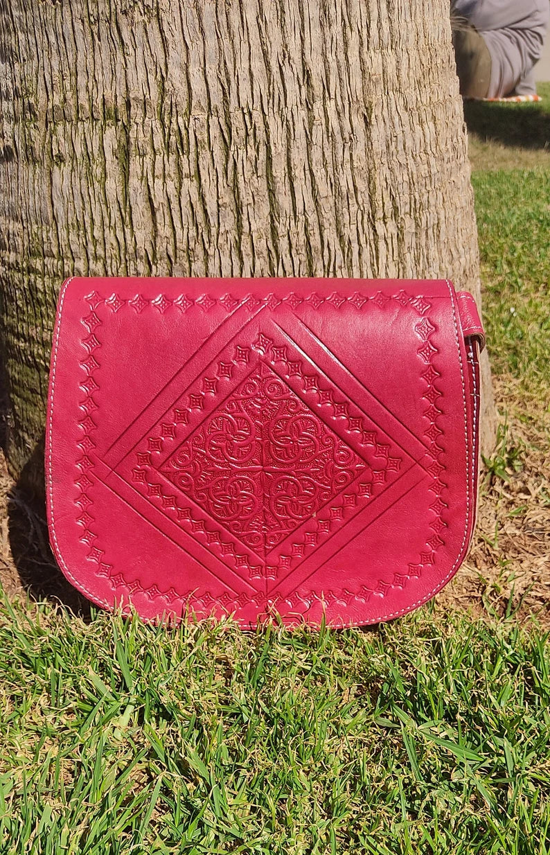 Moroccan Leather Bag, Genuine Leather Crossbody Bag, Moroccan Shoulder Bag, , Handmade Carved women Leather Bag.